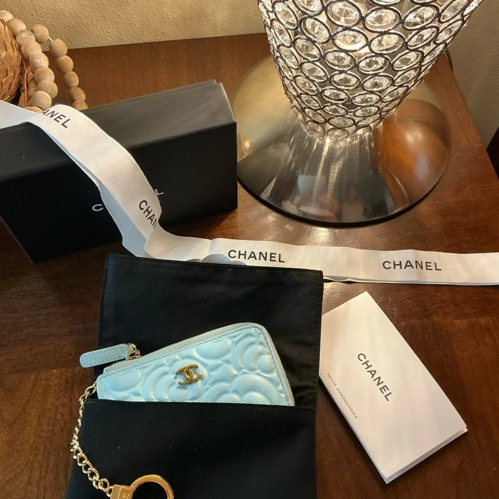 Beautiful Chanel Camellia Coco Mark Coin Case Wallet Light Blue